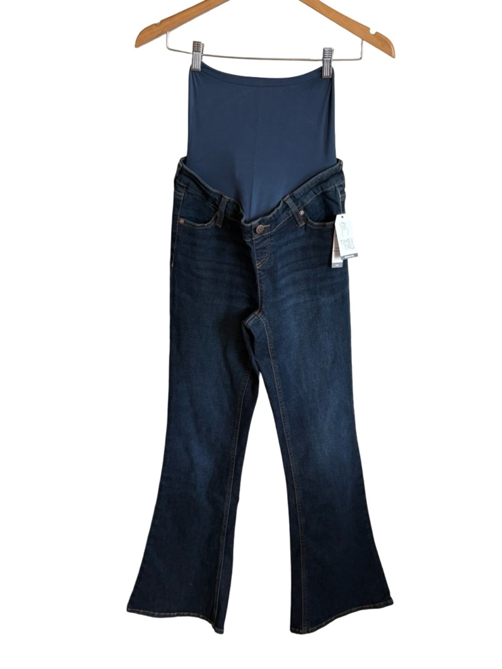 Time and Tru Dark Wash Flare Maternity Jeans with Navy Support Panel